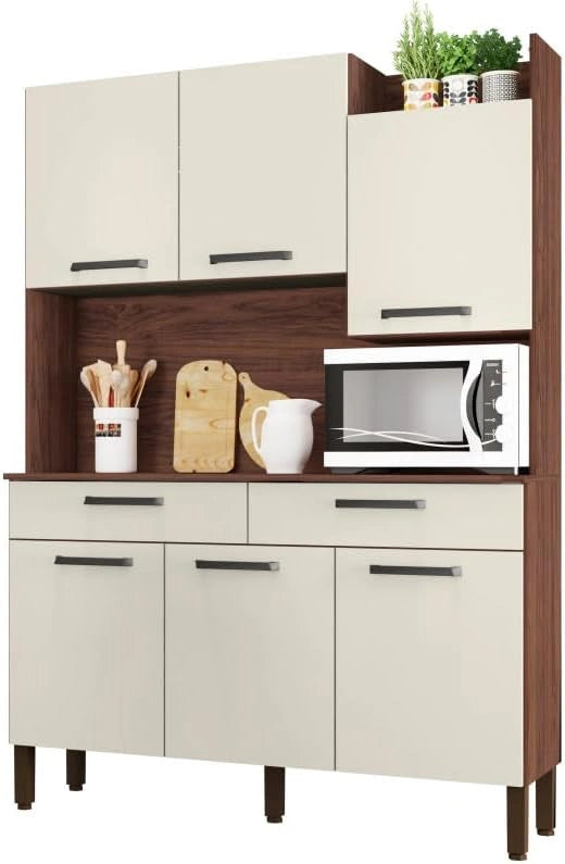 Buffet de Cuisine Noyer et Blanc avec 6 Portes et 2 Tiroirs, 10 Niches - L132 x H186 x P38.8 cm