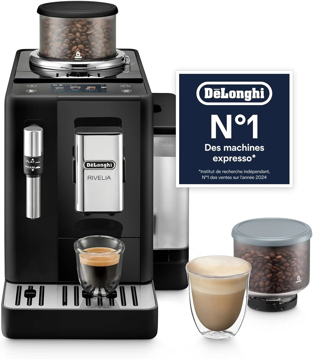 Machine à Café Automatique De’Longhi Rivelia avec Mousseur, 8 Boissons Préprogrammées, Écran Tactile, Réservoir de Grains Interchangeable, Noire