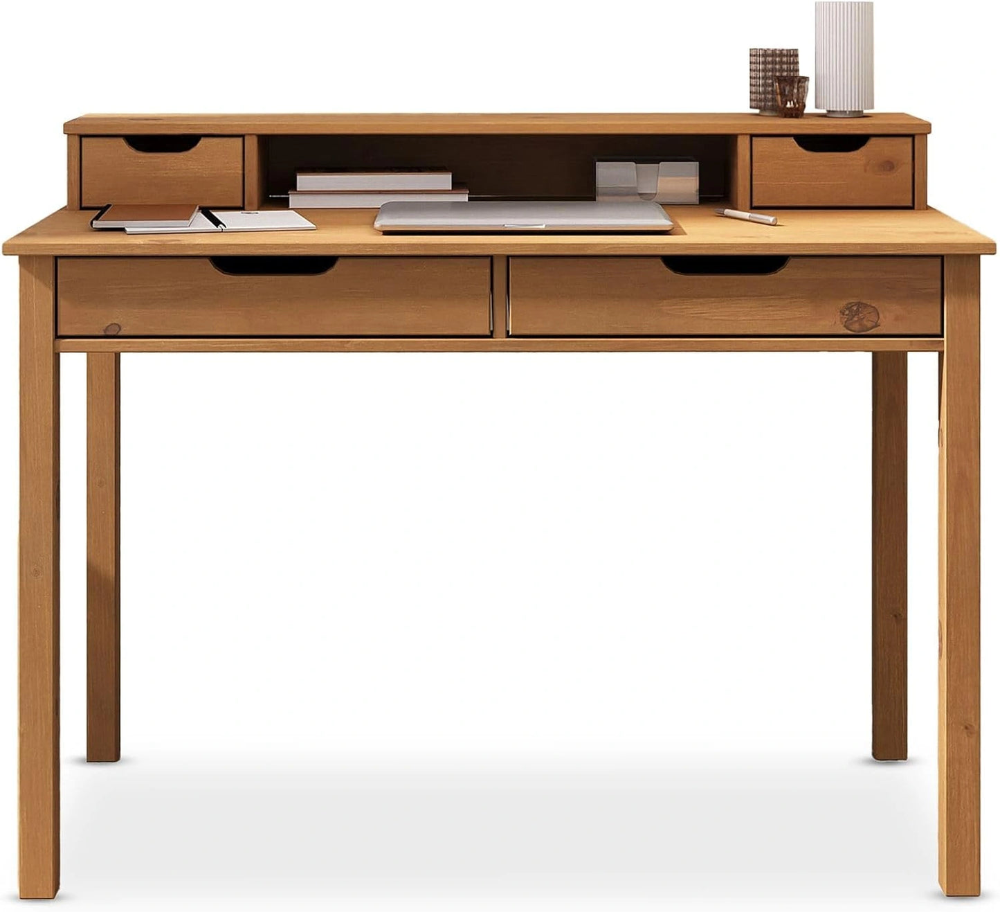 Bureau Compact en Chêne Massif avec Tiroirs et Étagère