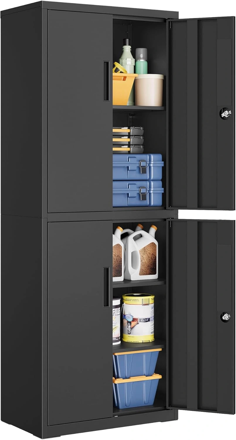 Armoire de rangement métallique noire avec étagères ajustables et serrures