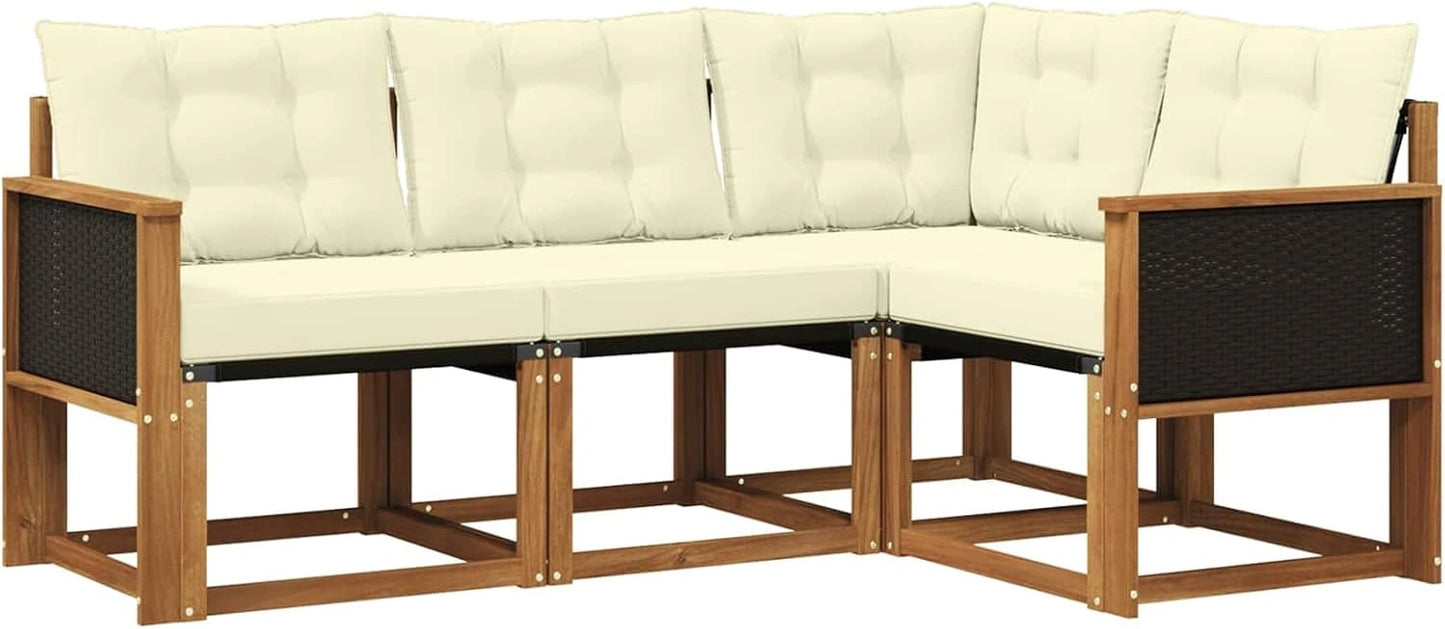 Salon de jardin modulaire en bois d'acacia avec coussins crème - Ensemble de 4 pièces