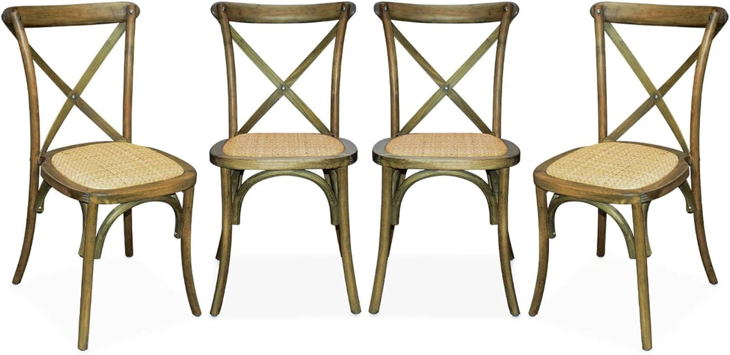 Ensemble de 4 chaises de bistrot vintage en bois d'hévéa avec assise en rotin, marron vieilli, empilables