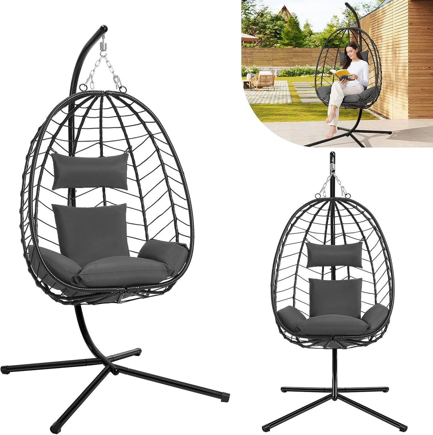 Fauteuil Suspendu Œuf en Rotin avec Support Métal et Coussin, Capacité 150kg, pour Jardin et Terrasse, Gris Foncé