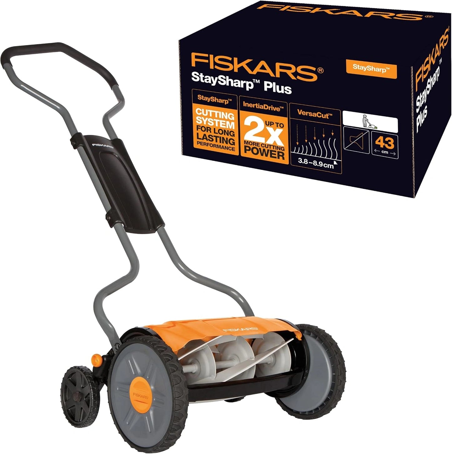 Fiskars Tondeuse Manuelle StaySharp Plus, Largeur 43 cm, Système de Coupe sans Frotement, Noir/Orange/Argent