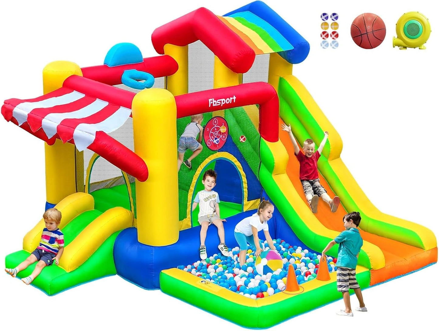 Château Gonflable Multifonction Intérieur/Extérieur pour Enfants avec Toboggan et Trampoline