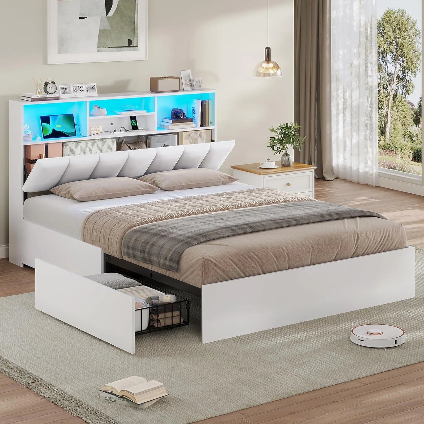 Lit Double avec Tiroirs, Ports USB et LED - 140x190 cm, Blanc