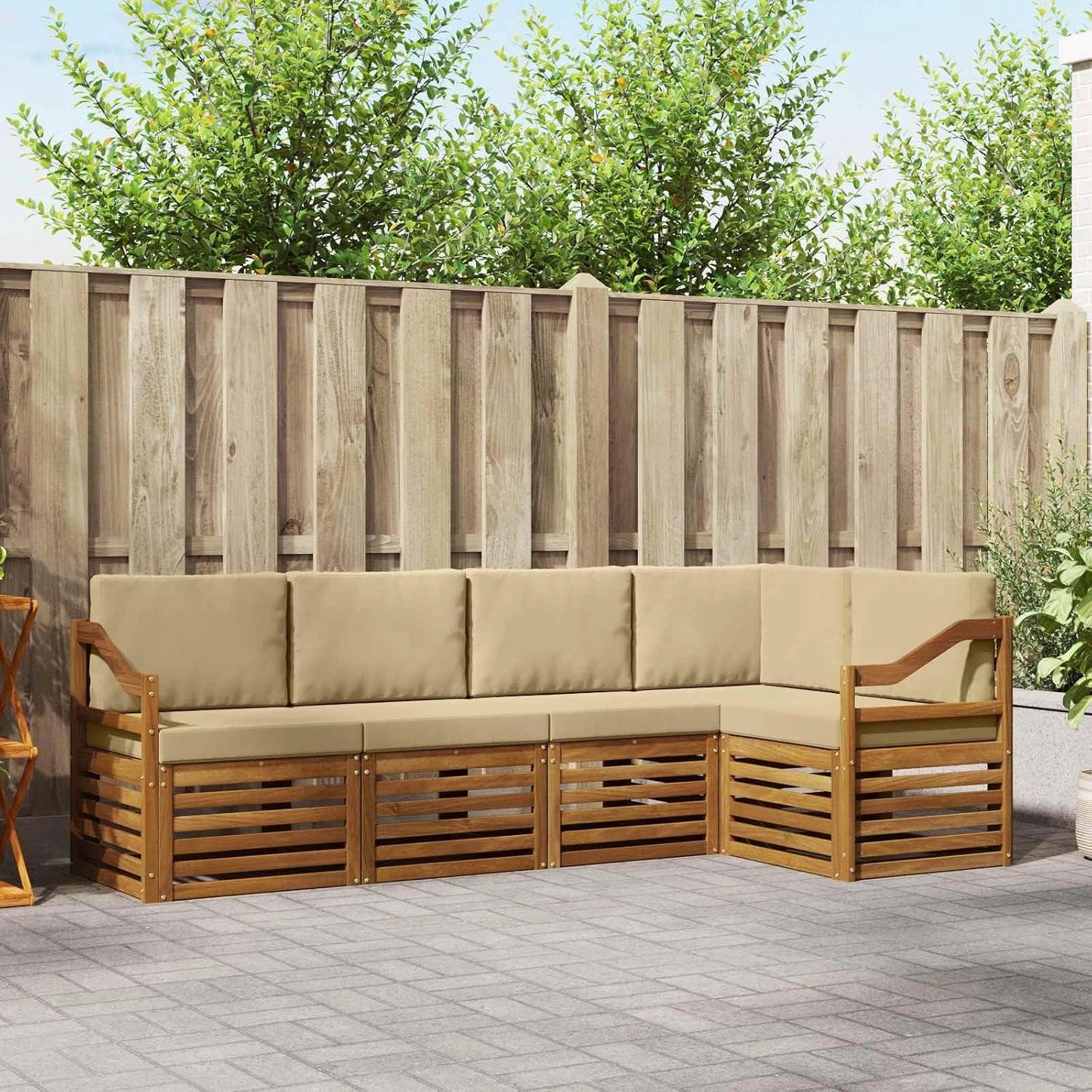 Canapé d'angle modulaire 5 pièces acacia beige résistant aux intempéries