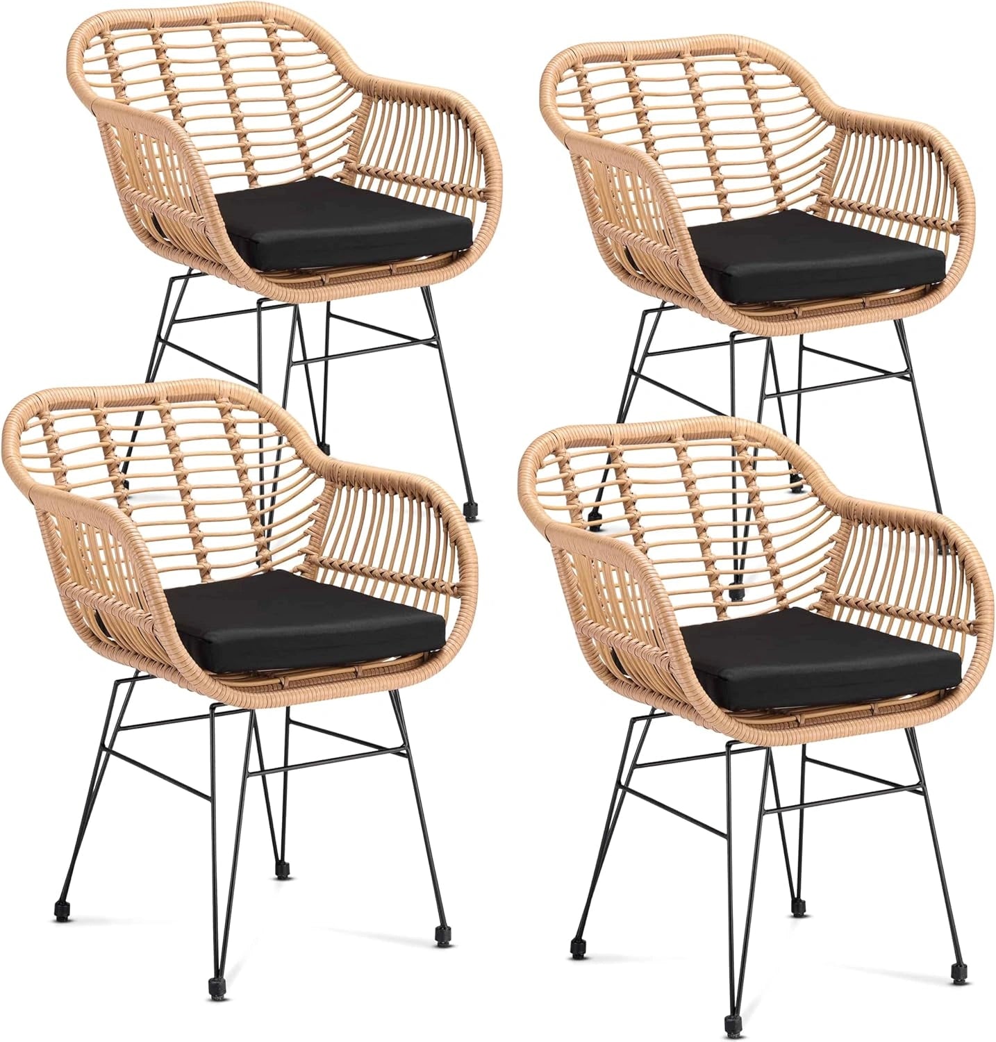 Ensemble de 4 Chaises Vintage pour Cuisine et Jardin - Polyrotin Anti-UV avec Coussins - Hauteur d'Assise 44 cm - Acier Galvanisé