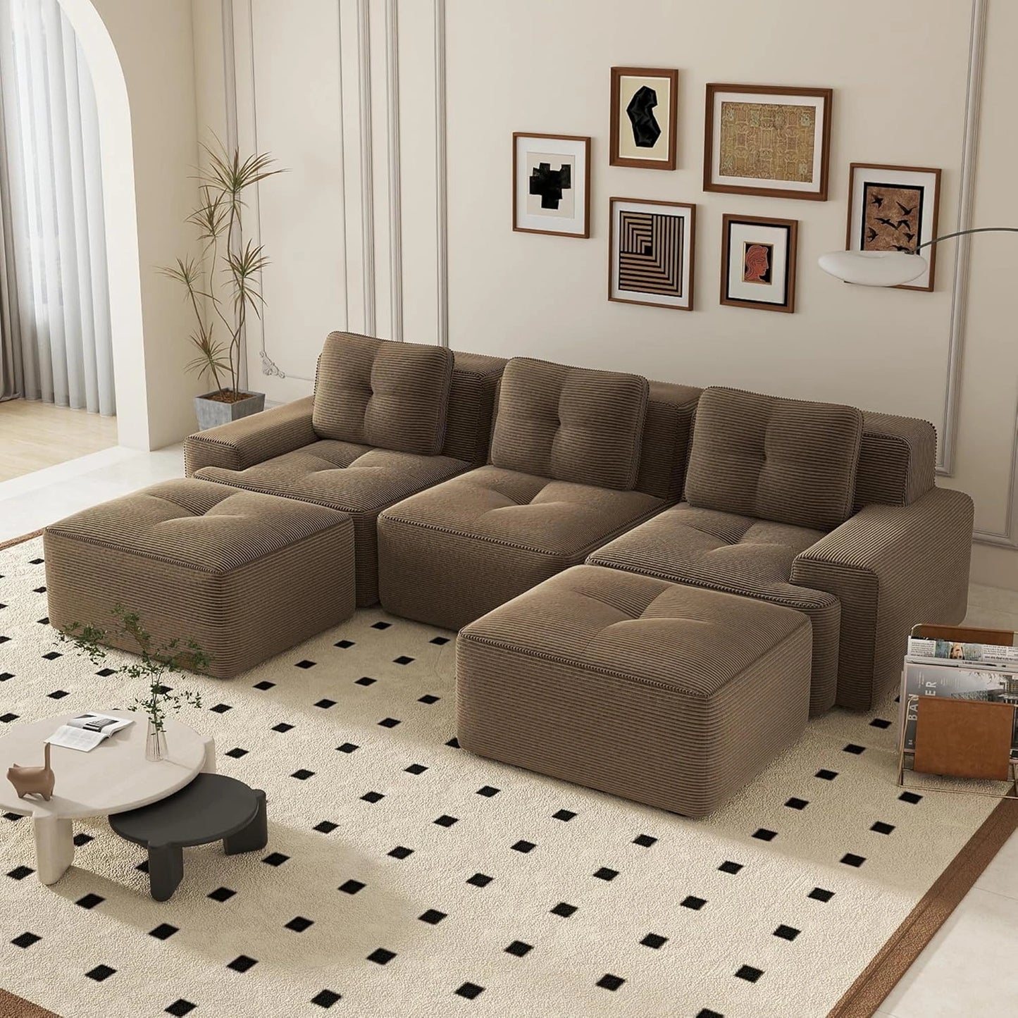 Canapé d'angle modulable en U, 5 places, velours côtelé marron, convertible avec assise profonde, confortable pour salon