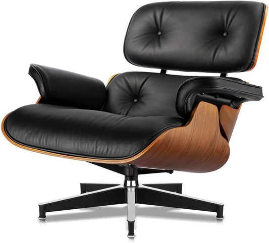 Fauteuil en cuir véritable avec repose-tête ajustable et ottomane, design moderne en bois de noyer