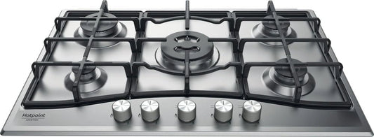 Plaque de Cuisson Gaz 5 Feux Hotpoint - Grilles en Fonte Robustes - Brûleur Triple Couronne - Commandes Faciles d'Accès - Sécurité Anti-Flamme - Idéale pour Cuisines Encastrables