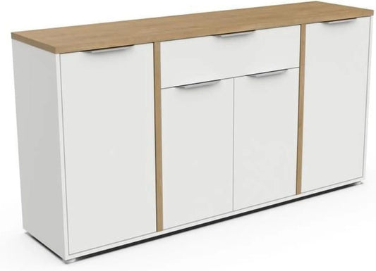 Buffet Scandinave 4 Portes et 1 Tiroir en Blanc Mat et Chêne Hamilton - 160x40x86 cm