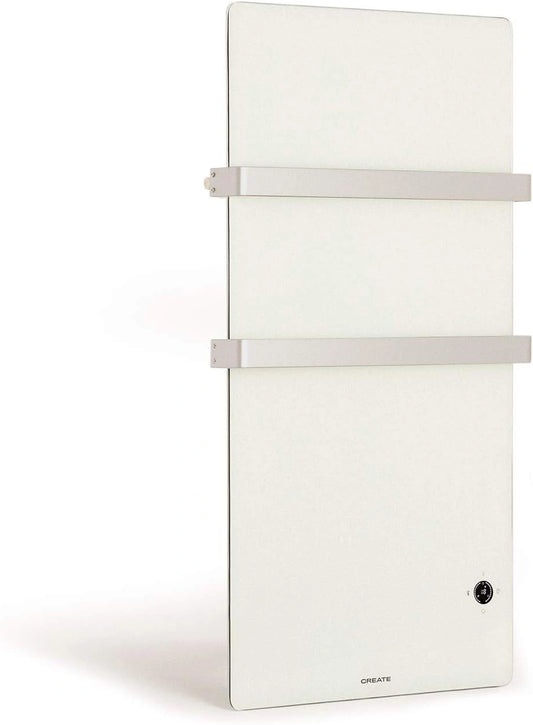 Radiateur Sèche-Serviettes Électrique en Verre 600W avec WiFi, Blanc, Double Porte-Serviettes, Écran LED, IP24
