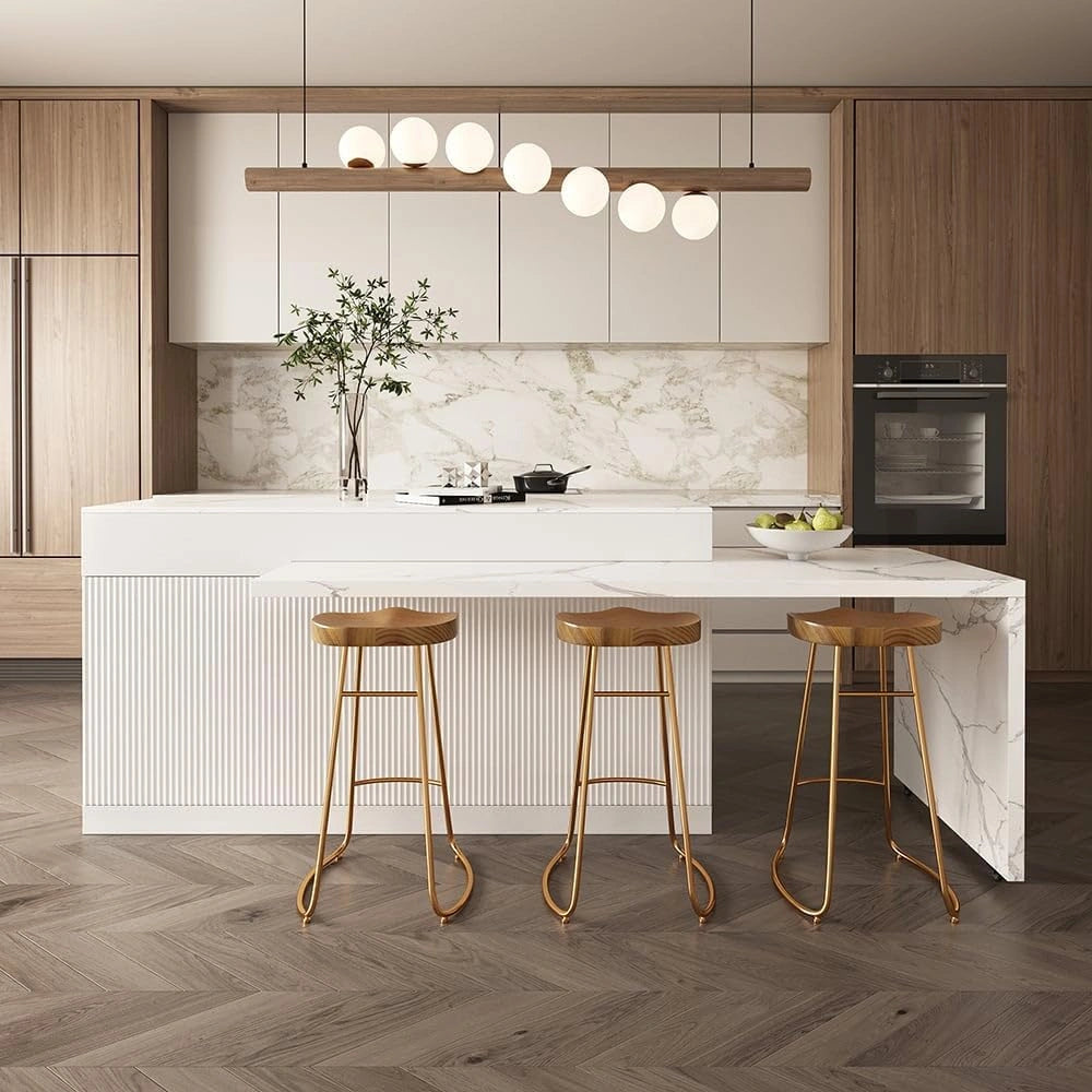 Îlot de Cuisine Extensible Moderne avec Rangement, 3 Tiroirs, 3 Portes et 2 Étagères, Bois Imperméable, Longueur Ajustable 205-268 cm