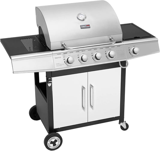 Barbecue à Gaz 4+1 Brûleurs en Acier Inoxydable 14,5kW avec Tablettes et Thermomètre, Jardin Extérieur, Argent