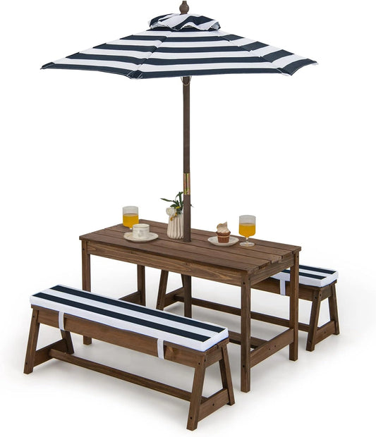 Table de Jardin pour Enfants avec Parasol Réglable et Coussins - Bois, 89 x 44 x 50 cm (Bleu)
