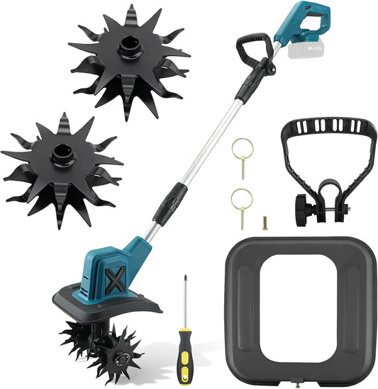 Cultivateur Électrique sans Fil 18V, 300 TR/Min, Lames Acier Manganèse, 15cm de Profondeur, 20cm de Largeur, Parfait pour Jardinage
