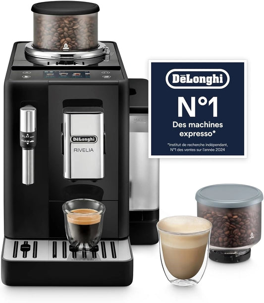 Machine à Café Automatique De’Longhi Rivelia avec Mousseur, 8 Boissons Préprogrammées, Écran Tactile, Réservoir de Grains Interchangeable, Noire