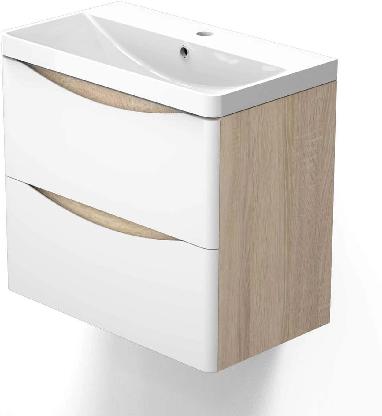 Meuble de Salle de Bain Suspendu Blanc et Bois Clair avec Lavabo 60cm - AICA