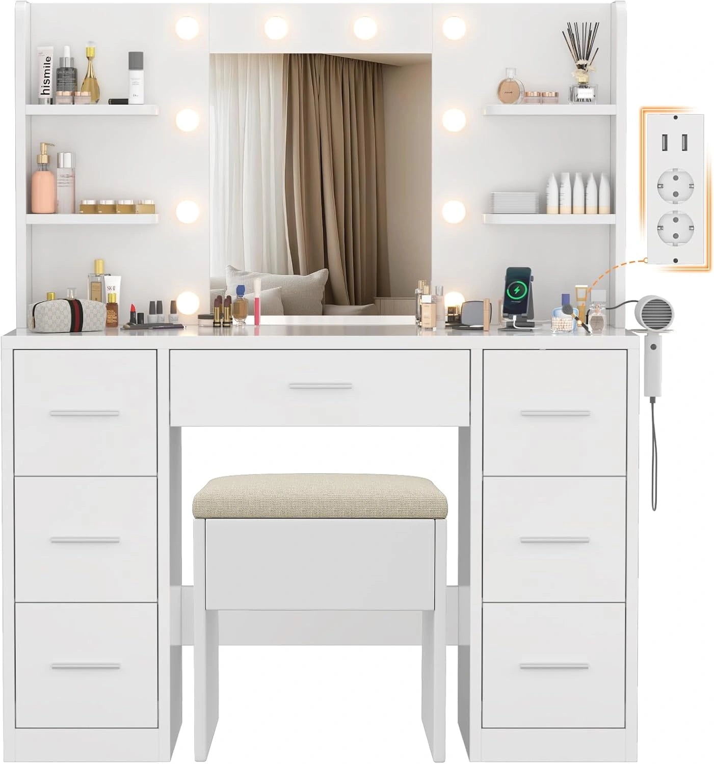 Coiffeuse Moderne Blanc avec LED, Miroir, Tabouret, 7 Tiroirs et 4 Étagères - Devoko