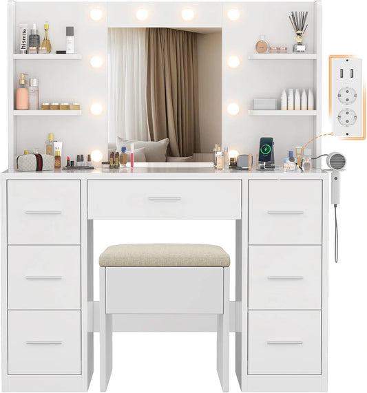 Coiffeuse Moderne Blanc avec LED, Miroir, Tabouret, 7 Tiroirs et 4 Étagères - Devoko