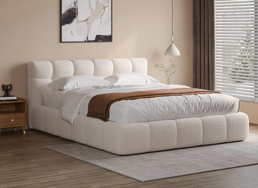 Lit Coffre en Tissu Bouclette Écru 140x190 cm - Modèle Georgina