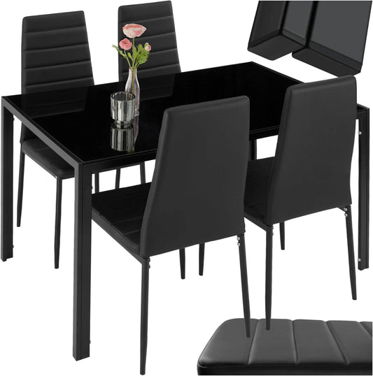 Ensemble de Salle à Manger avec Table en Verre et 4 Chaises en Cuir Synthétique – Noir