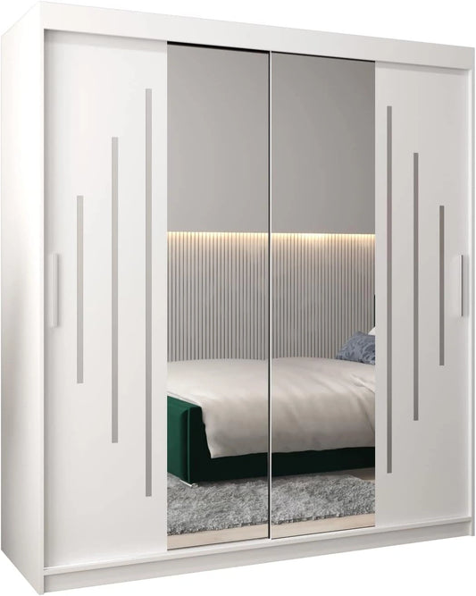 Armoire Moderne à Portes Coulissantes avec Miroir - 180x200x62 cm - Blanc Mat