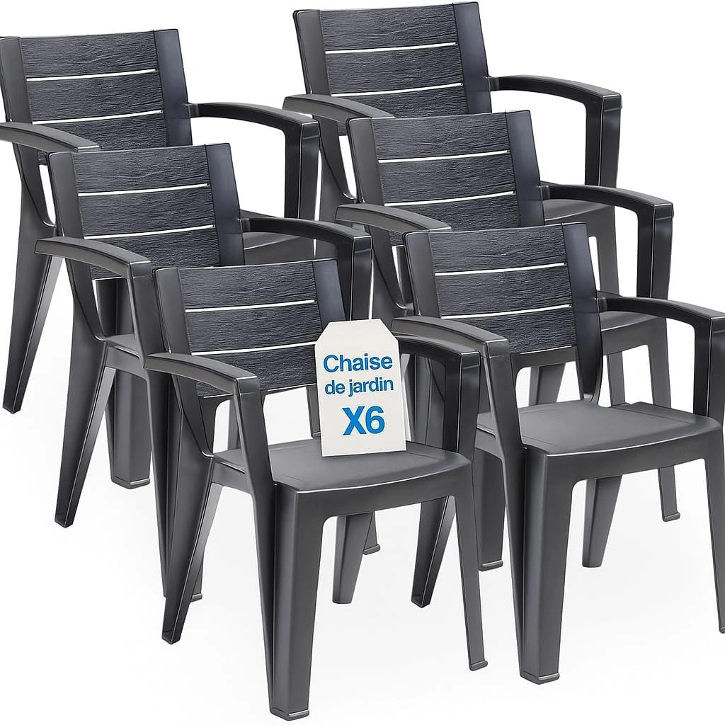Ensemble de 6 chaises de jardin empilables en plastique avec accoudoirs - Noir