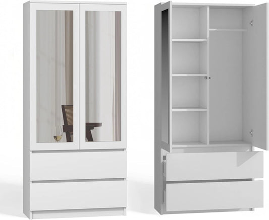Armoire de Chambre Adulte avec Miroir, 2 Portes et Tiroirs, Espace de Rangement Multifonctionnel, Blanc 16mm