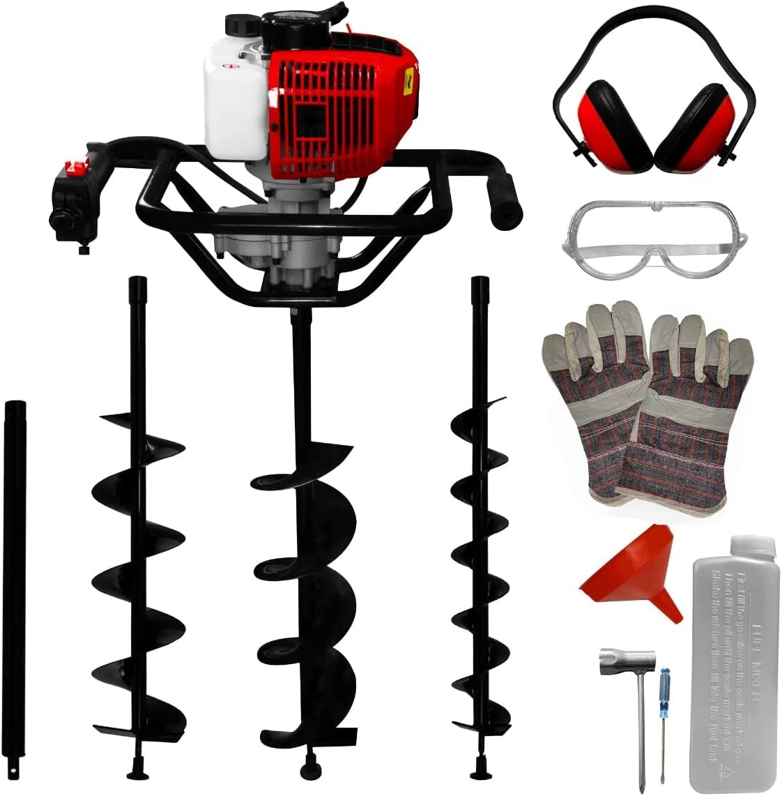 Tarière à Essence 52cc avec 3 Forets 82cm - Ø 102mm, 152mm & 200mm, Rallonge 60cm, Kit Complet pour Jardinage