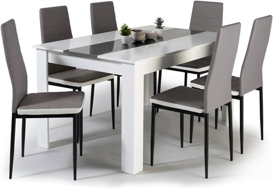 Ensemble Salle à Manger Georgia 140 cm avec Table Blanche/Grise et 6 Chaises Romane