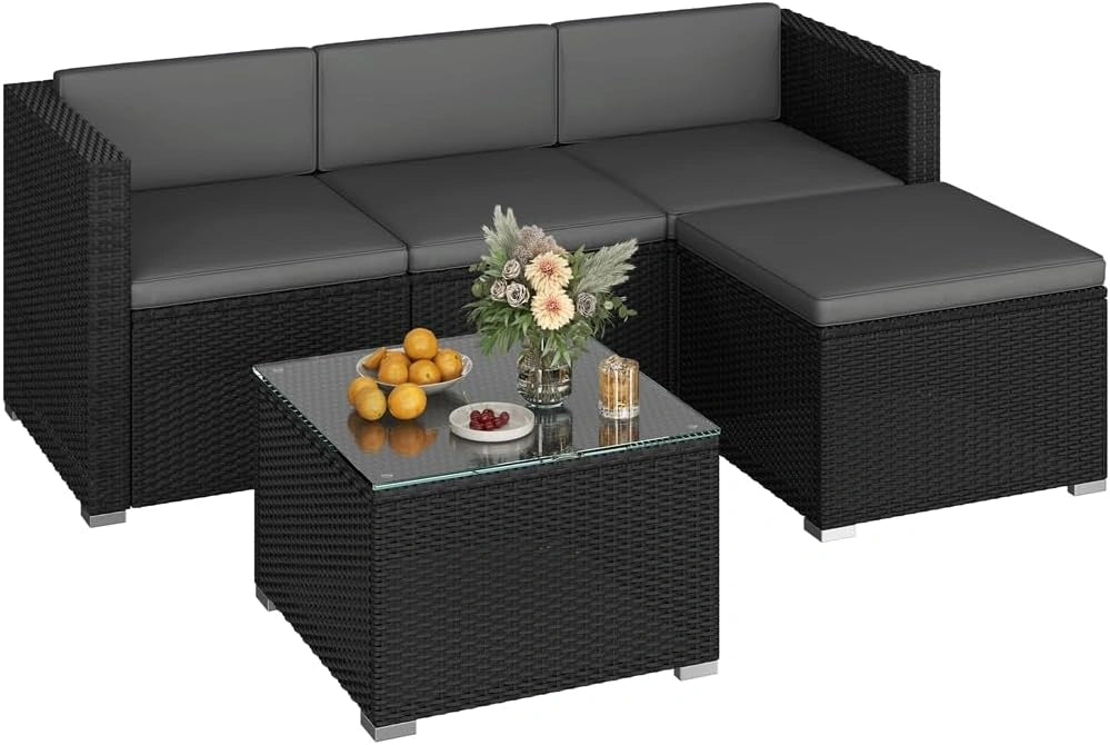 Ensemble de Salon de Jardin en Rotin pour 4 Personnes - Canapés Modulables et Table Basse