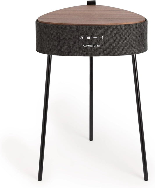 Table Haut-Parleur Bluetooth en Bois Foncé avec Chargeur sans Fil, AUX, et Batterie 2200mAh