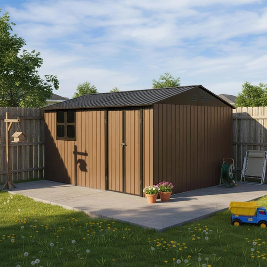 Abri de Jardin Métallique 10,34 m² avec Fenêtre et Étagères - Cabanon Extérieur avec Porte Verrouillable et Table Rabattable, 362x285 cm, Couleur Brun