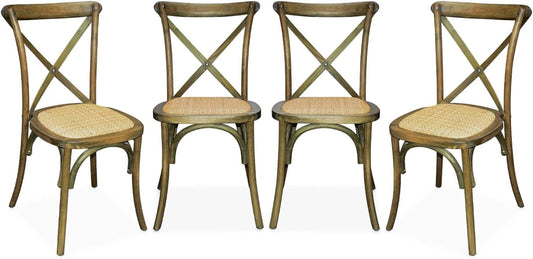 Ensemble de 4 chaises de bistrot vintage en bois d'hévéa avec assise en rotin, marron vieilli, empilables