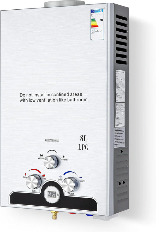 Chauffe-Eau à Gaz 8LPM 13,6kW LPG avec Modes Saisonniers, Acier Inoxydable Portable