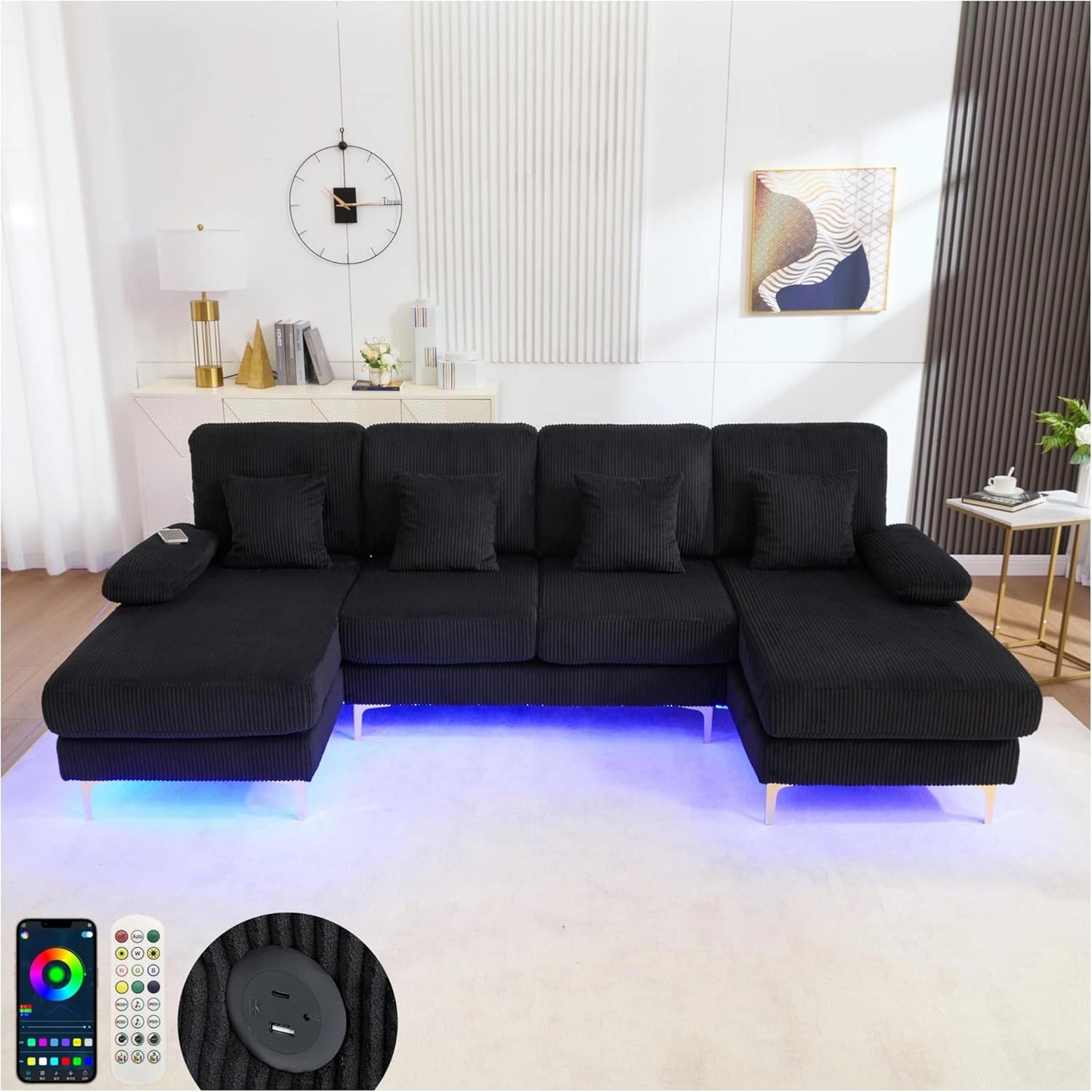 Canapé en U Moderne avec LED et Ports USB/Type-C, 4 Places, Velours Noir, Coussins et Dossier Ergonomique