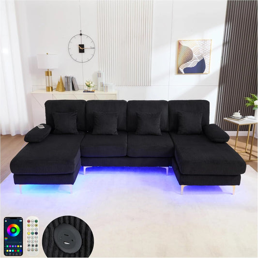 Canapé en U Moderne avec LED et Ports USB/Type-C, 4 Places, Velours Noir, Coussins et Dossier Ergonomique