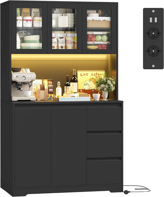 FirFurd Armoire de Cuisine avec LED et Multiprises, Vaisselier Noir avec Étagère Réglable, 5 Portes et 3 Tiroirs, 180x100x38.5cm