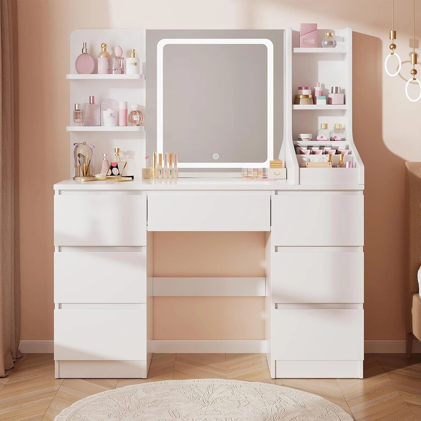 Coiffeuse Moderne avec Miroir LED, Éclairage Ajustable, Nombreux Rangements, 4 Étagères, 3 Compartiments et 7 Tiroirs, Couleur Blanche