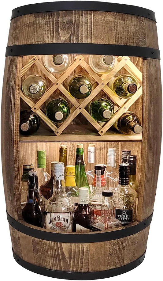 Bar Tonneau en Bois avec LED – Étagères et Porte-Bouteilles – Style Rustique pour Salon ou Cave – Décoration Vintage – 80x50cm Marron
