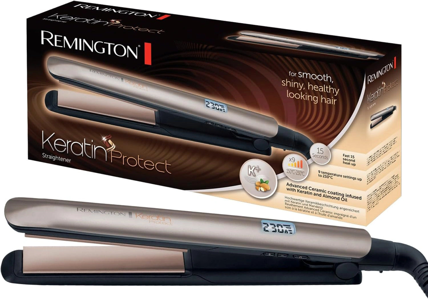 Remington Lisseur Cheveux Céramique avec Soin Kératine & Huile d'Amande, Écran LCD, 10 Réglages Température 150-230°C, Tension Universelle