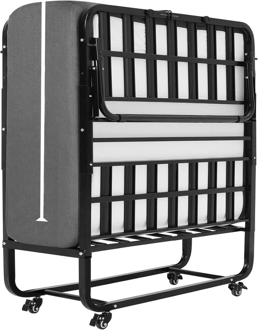 DICTAC Lit Pliant 1 Personne 90x200 avec Matelas à Mémoire et Roulettes, Facile à Transporter et Assembler