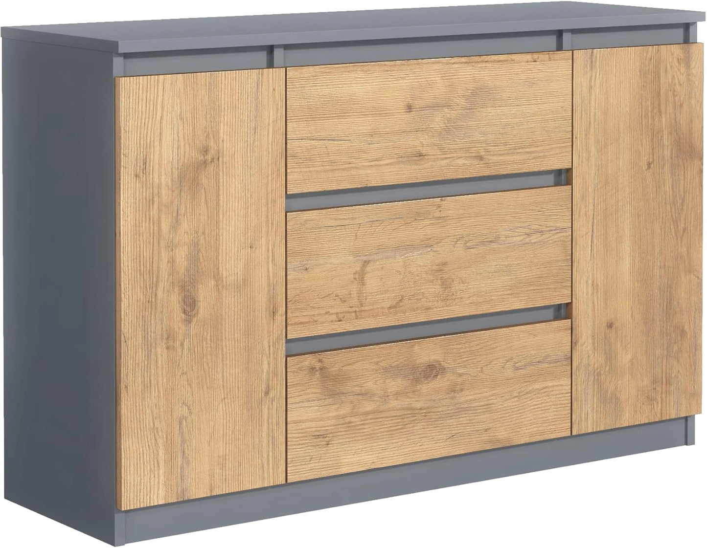 Commode Moderne 120 cm avec Portes et Tiroirs - Rangement pour Salon et Entrée - Anthracite & Bois Clair