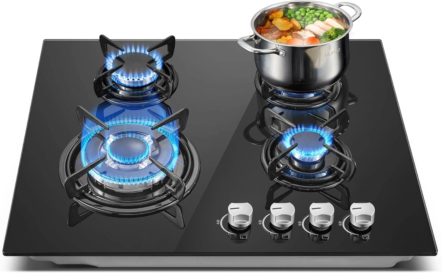 TopStrong Table de Cuisson à Gaz 4 Feux, 60 cm Verre Noir, Brûleur Wok Puissant, Sécurité Thermocouple, Compatible Gaz Naturel et GPL