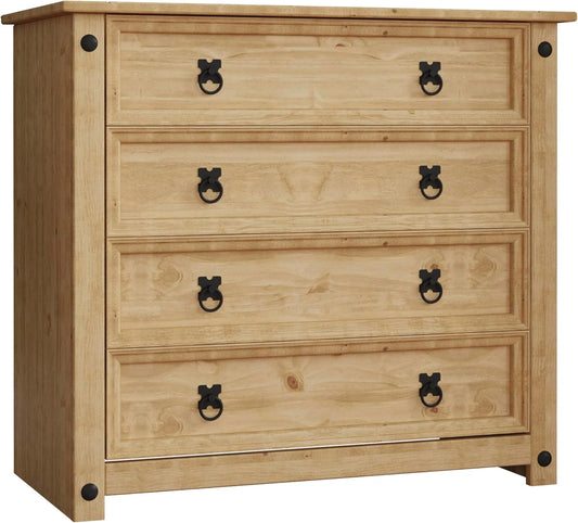 Commode en Pin Massif Ciré avec 4 Tiroirs, Style Mexicain, Beige Vieilli