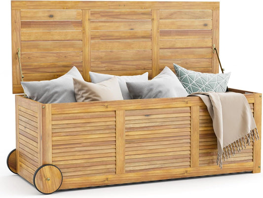 Coffre de Rangement Extérieur 182L en Bois d'Acacia avec Roulettes, Capacité 150KG, Banc de Terrasse