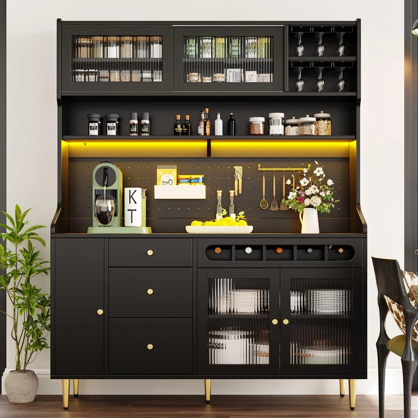 Armoire de Cuisine Moderne avec Éclairage LED et Rangement Multifonction