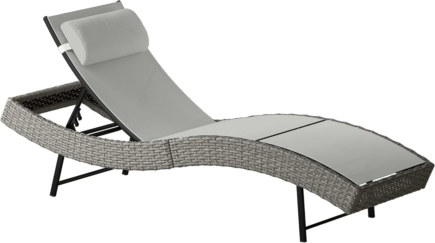 Transat de Jardin Réglable en Résine Tressée avec Appui-tête - Gris Clair